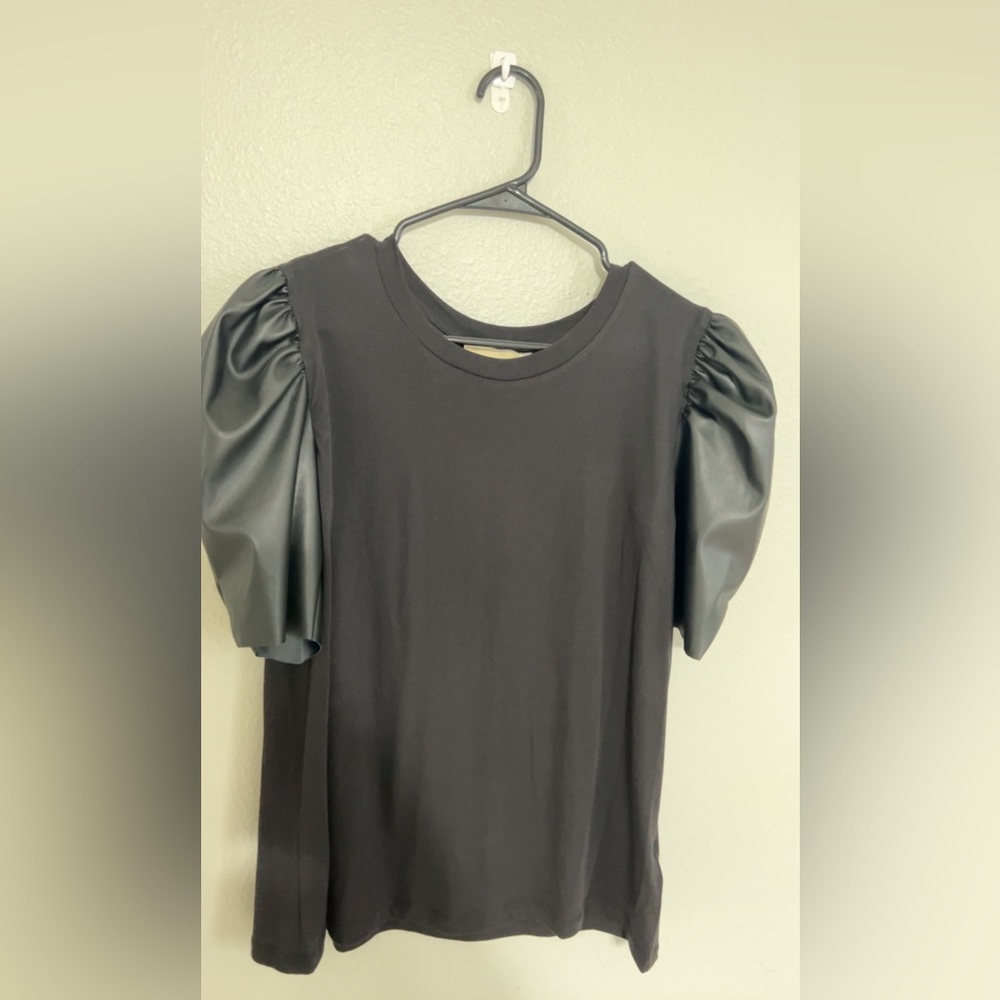 Women’s black Michael Kors shirt with leather puffer sleeves